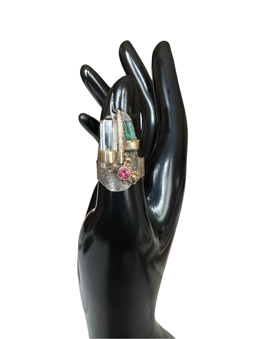 Brutalist Sterling Silver Statement Ring with quartz, garnet,and tourmaline